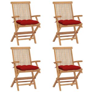 vidaXL Tuinstoelen 4 st met rode kussens massief teakhout