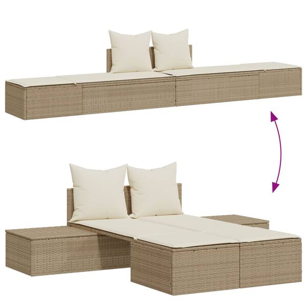 vidaXL Ligbed 2-persoons met kussens poly rattan beige