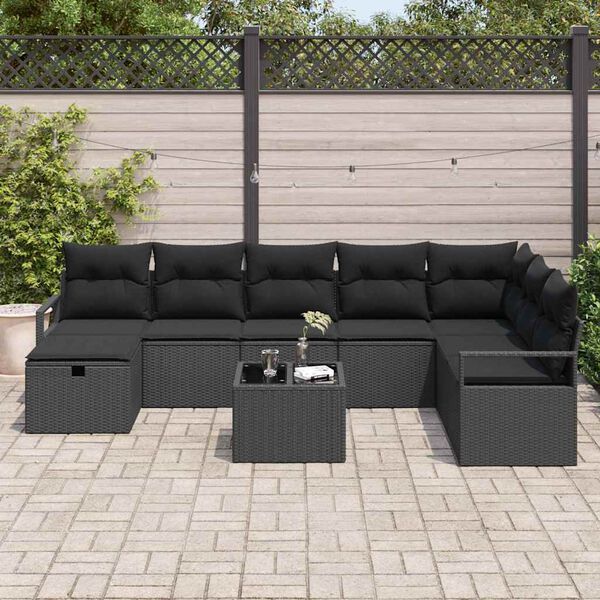 vidaXL Bankstel met kussen met opslag 9 pcs Zwart poly rattan
