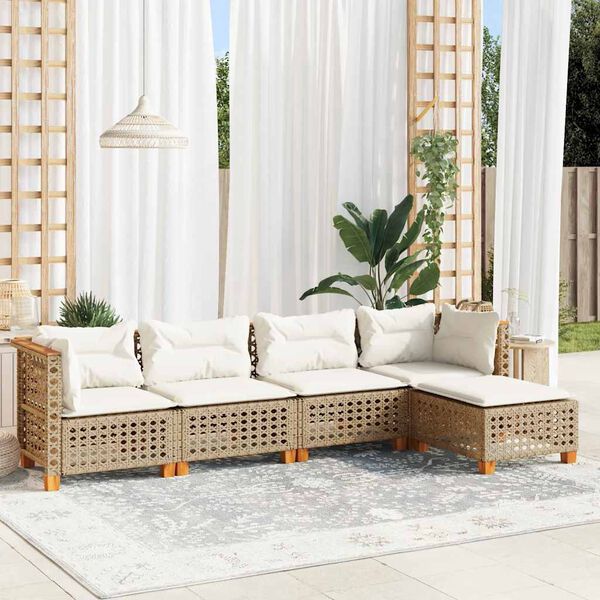 vidaXL 5-delige Loungeset met kussens poly rattan beige