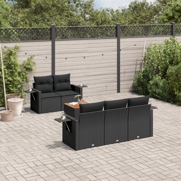 vidaXL 6-delige Loungeset met kussens poly rattan zwart