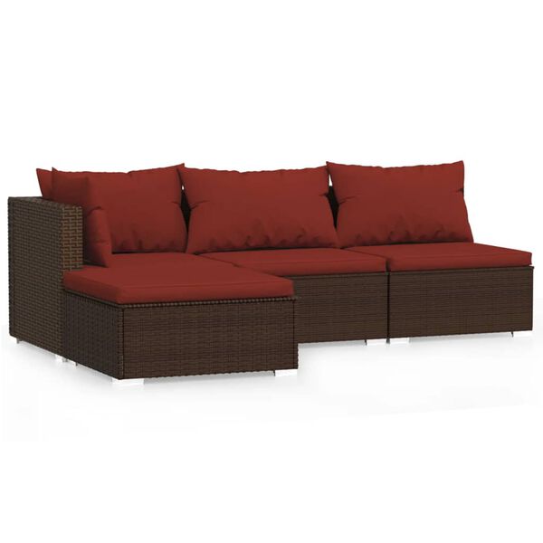 vidaXL 4-delige Loungeset met kussens poly rattan bruin
