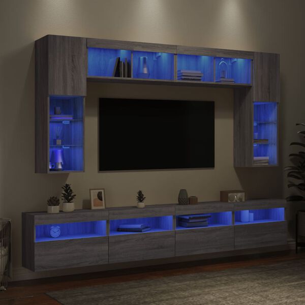 vidaXL 8-delige Tv-wandmeubelset met LED-verlichting grijs sonoma