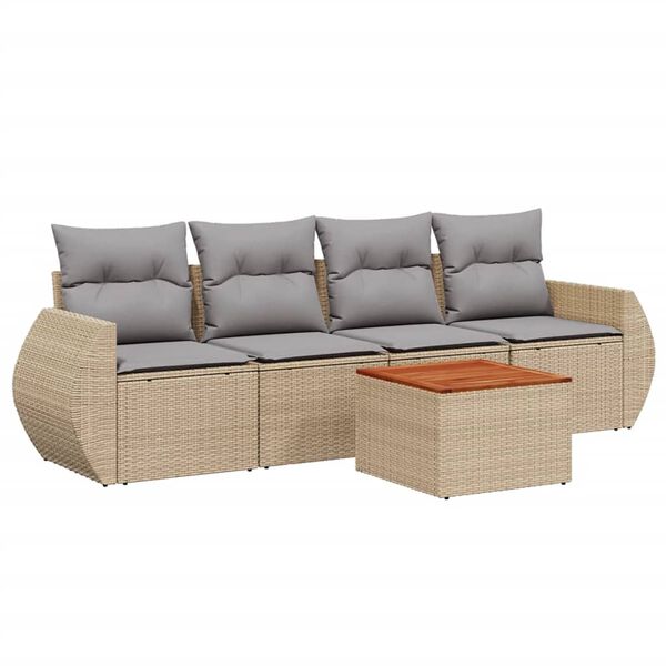 vidaXL 5-delige Loungeset met kussens poly rattan beige