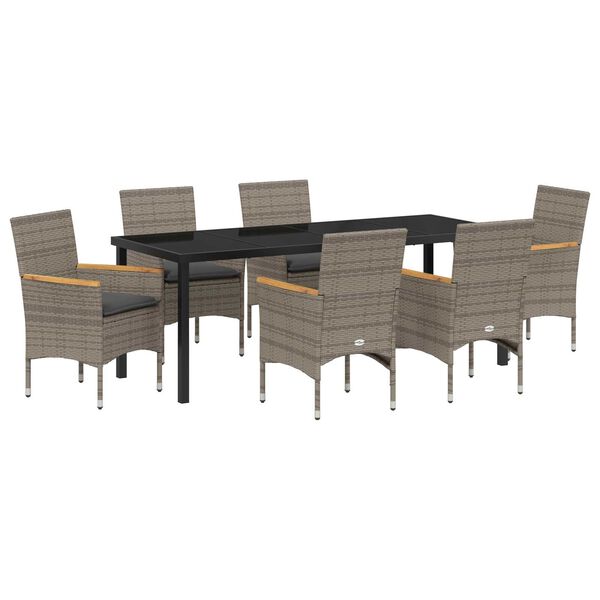 vidaXL Tuin eettafelset met kussen 7 pcs Grijs poly rattan