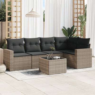 vidaXL 6-delige Loungeset met kussens poly rattan grijs