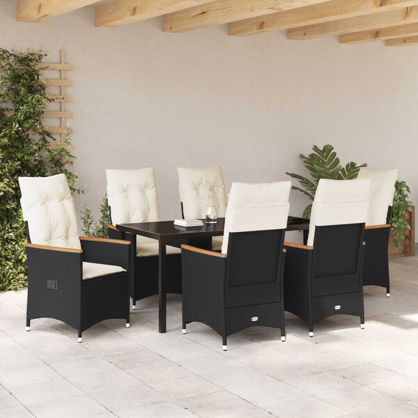 vidaXL Tuin eettafelset met kussen 7 pcs Zwart poly rattan