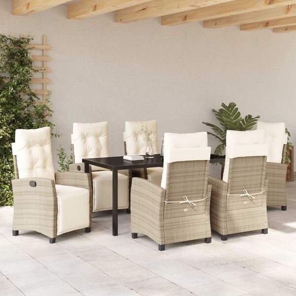 vidaXL Tuin eettafelset met kussen 7 pcs Beige poly rattan