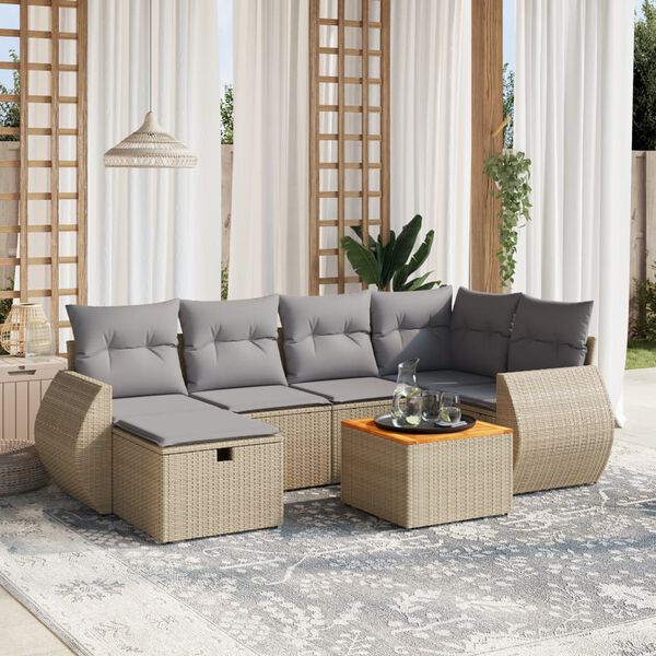 vidaXL 7-delige Loungeset met kussens poly rattan gemengd beige
