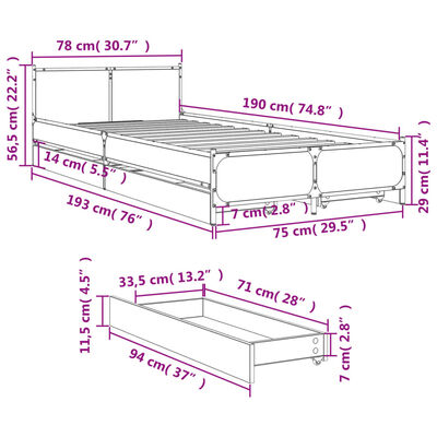 vidaXL Bedframe met lades bewerkt hout bruin eikenkleur 75x190 cm