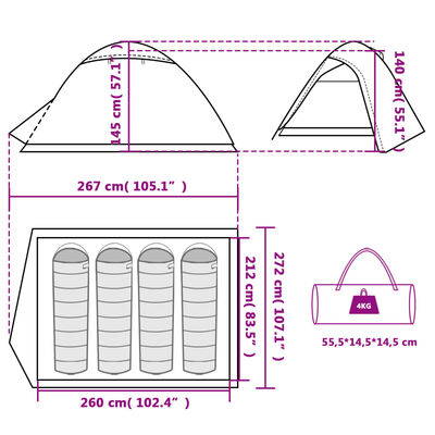 vidaXL Tent 4-persoons 267x272x145 cm 185T taft wit
