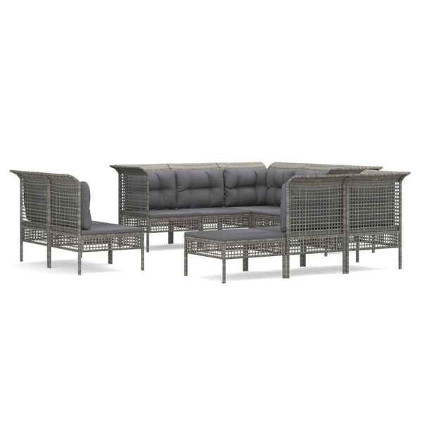 vidaXL 10-delige Loungeset met kussens poly rattan grijs