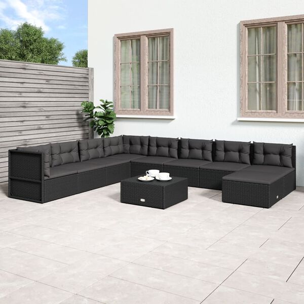 vidaXL 9-delige Loungeset met kussens poly rattan zwart