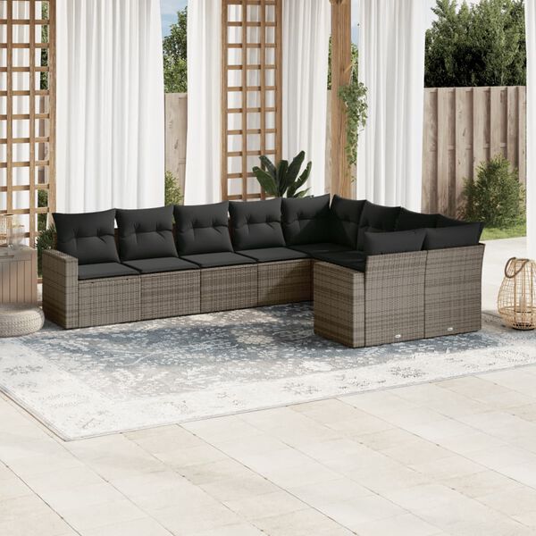 vidaXL 9-delige Loungeset met kussens poly rattan grijs