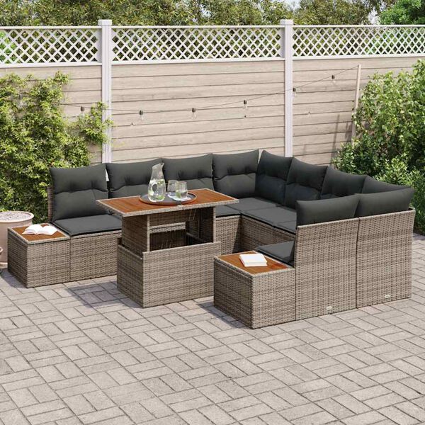 vidaXL Tuin Eetset met kussen met kussen 9 pcs Grijs en Bruin