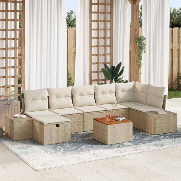 vidaXL Tuinbankenset met kussen met opslag 8 pcs Beige poly rattan