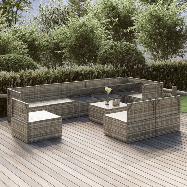 vidaXL 10-delige Loungeset met kussens poly rattan grijs