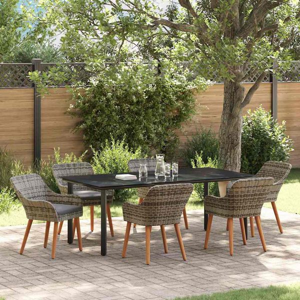 vidaXL Tuin eettafelset met kussen 7 pcs Grijs poly rattan