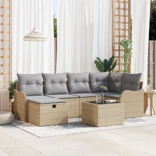 vidaXL Tuin Sofa Set met kussen 7 pcs beige en lichtgrijs Poly riet