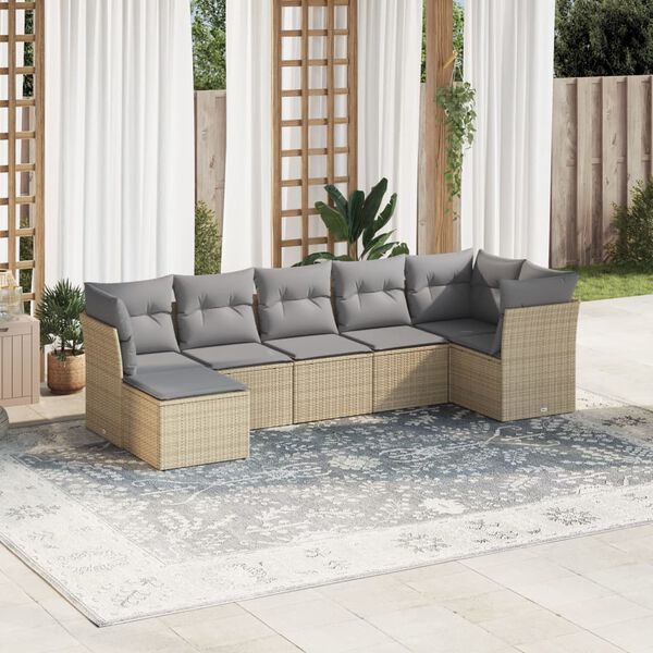 vidaXL 7-delige Loungeset met kussens poly rattan beige