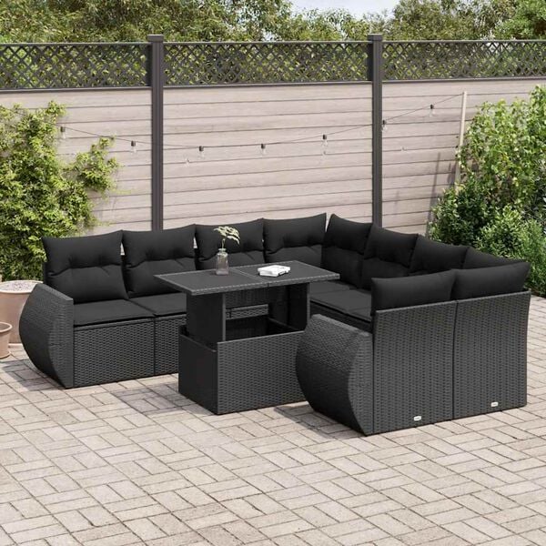 vidaXL 9-delige Loungeset met kussens poly rattan zwart