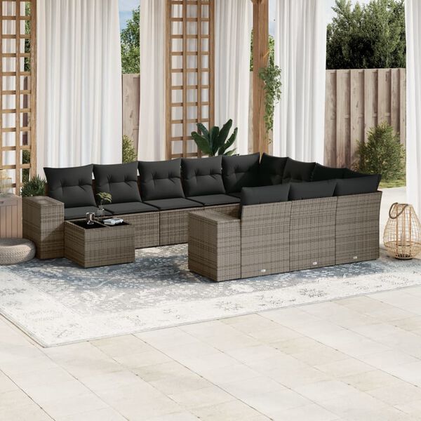 vidaXL 11-delige Loungeset met kussens poly rattan grijs