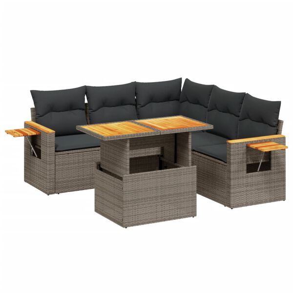 vidaXL 6-delige Loungeset met kussens poly rattan grijs