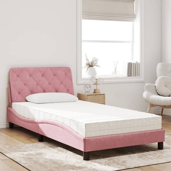 vidaXL Bed met matras fluweel roze 100x200 cm