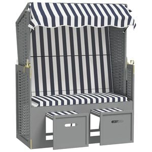 vidaXL Strandstoel met luifel poly rattan en massief hout blauw en wit