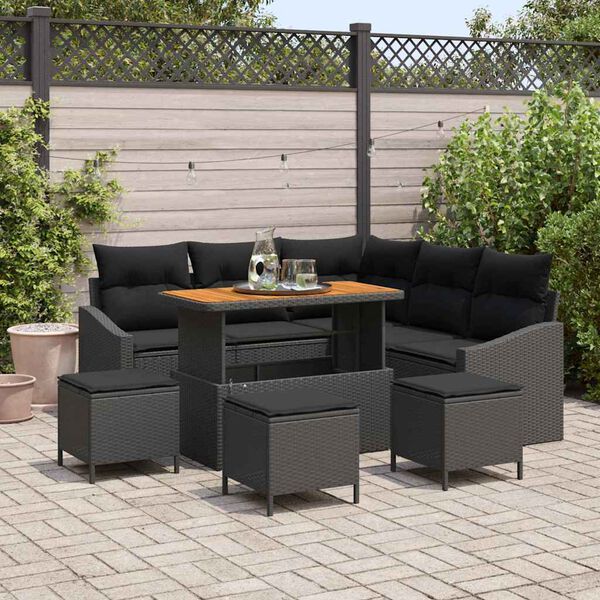 vidaXL Tuinbankenset met kussen 9 pcs Zwart poly rattan