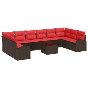 vidaXL Tuinbankenset met kussen 11 pcs Bruin en Rood poly rattan