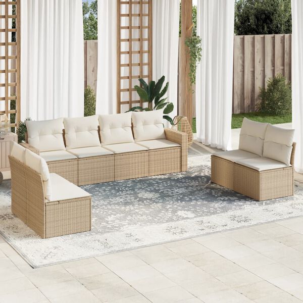 vidaXL 9-delige Loungeset met kussens poly rattan beige