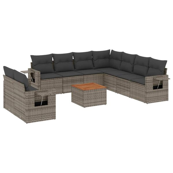 vidaXL 10-delige Loungeset met kussens poly rattan grijs