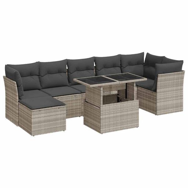 vidaXL 8-delige Loungeset met kussens poly rattan lichtgrijs