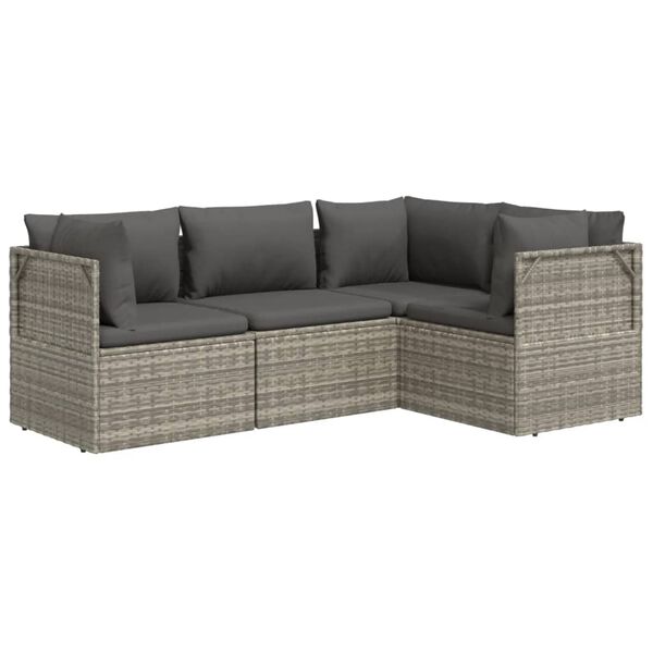 vidaXL 4-delige Loungeset met kussens poly rattan grijs