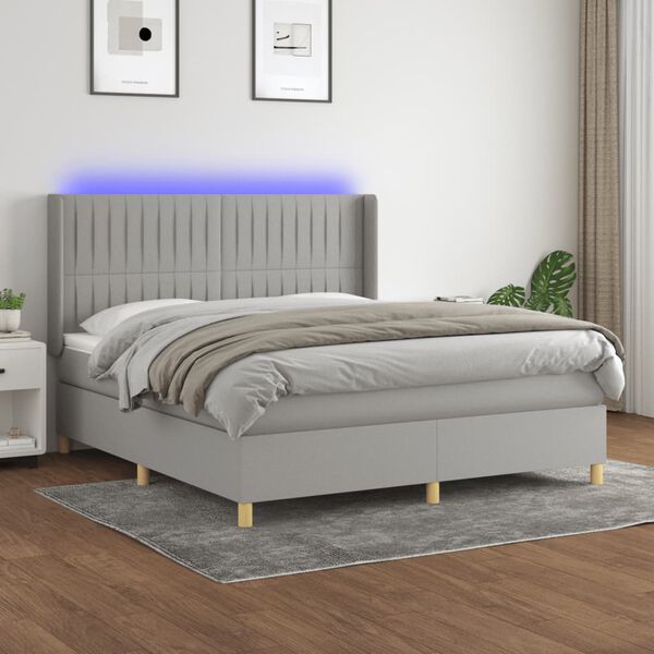 vidaXL Boxspring met matras en LED stof lichtgrijs 180x200 cm