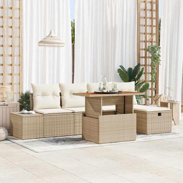 vidaXL Tuinbankenset met kussen met opslag 6 pcs Beige poly rattan