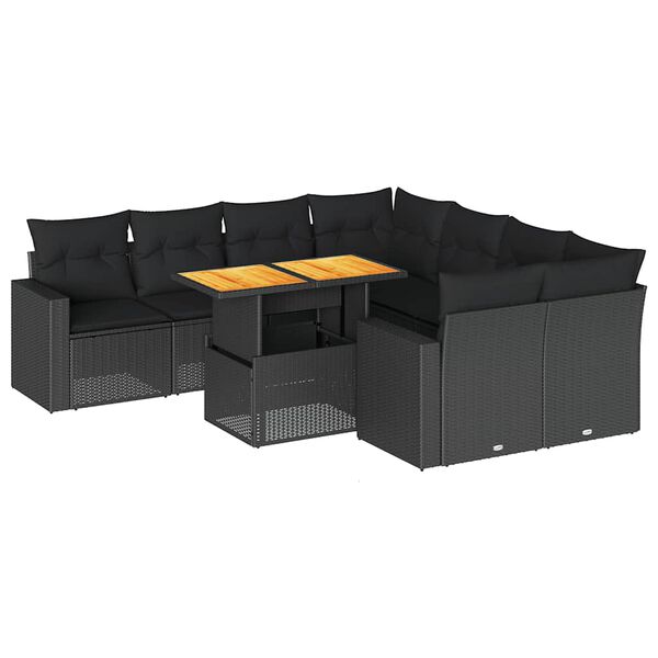 vidaXL 9-delige Loungeset met kussens poly rattan zwart