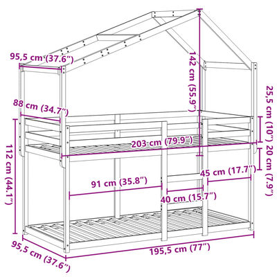 vidaXL Stapelbed met dak massief grenenhout wasbruin 90x190 cm