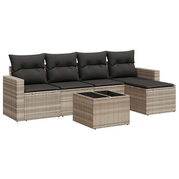 vidaXL 6-delige Loungeset met kussens poly rattan lichtgrijs