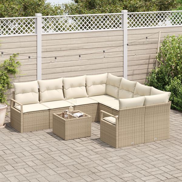 vidaXL Bankstel met kussen met opslag 9 pcs Beige en Cr&egrave;me poly rattan