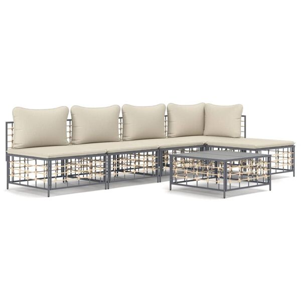 vidaXL 6-delige Loungeset met kussens poly rattan antracietkleurig