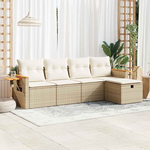 vidaXL 5-delige Loungeset met kussens poly rattan beige