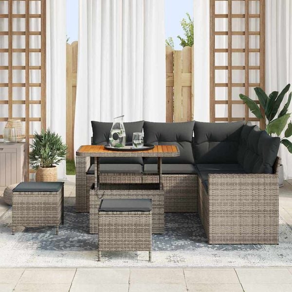 vidaXL Tuinbankenset met kussen 9 pcs Grijs poly rattan