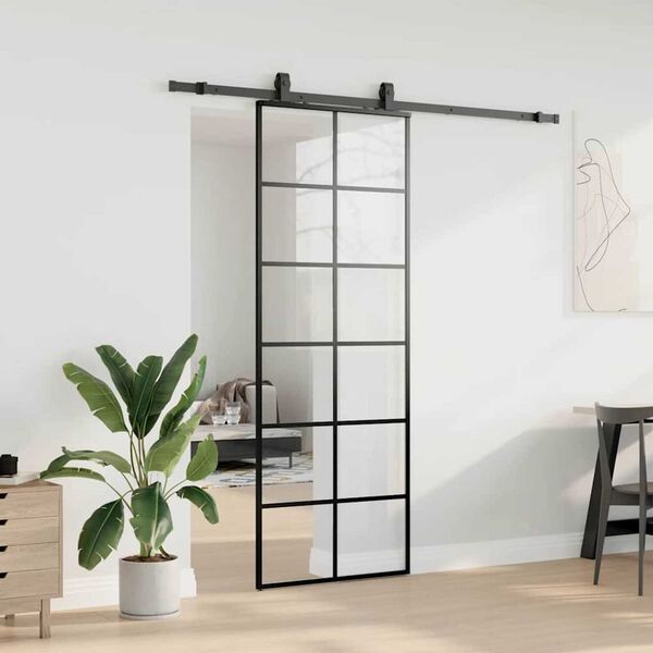 vidaXL Schuifdeur met beslagset 76x205 cm ESG glas zwart