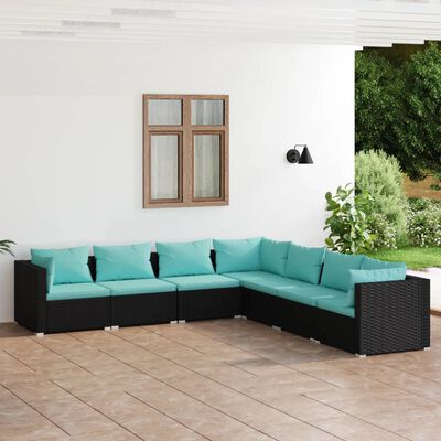 vidaXL 7-delige Loungeset met kussens poly rattan zwart