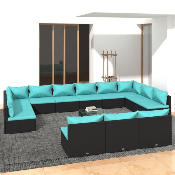 vidaXL 14-delige Loungeset met kussens poly rattan zwart