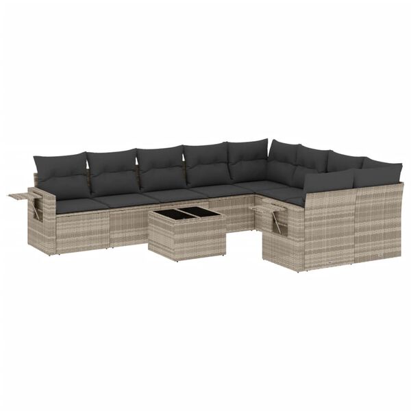 vidaXL 10-delige Loungeset met kussens poly rattan lichtgrijs
