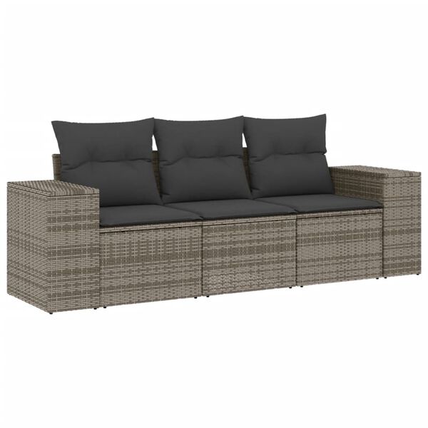 vidaXL 3-delige Loungeset met kussens poly rattan grijs
