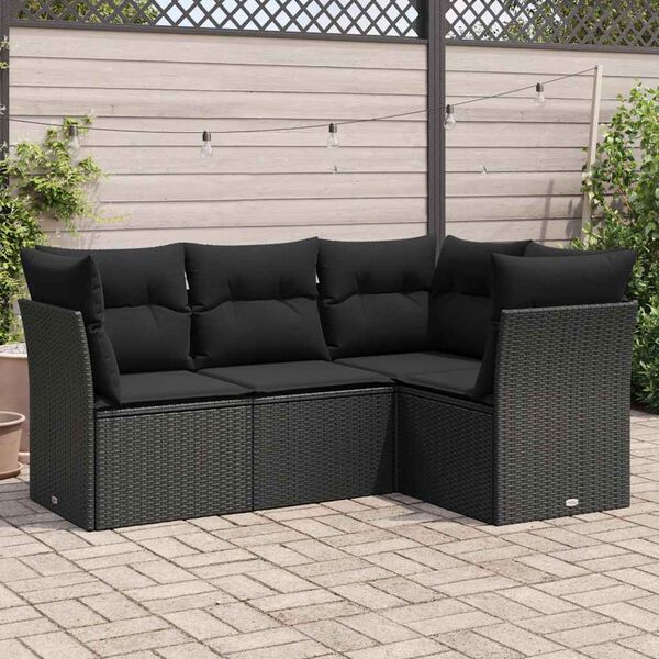 vidaXL 4-delige Loungeset met kussens poly rattan zwart